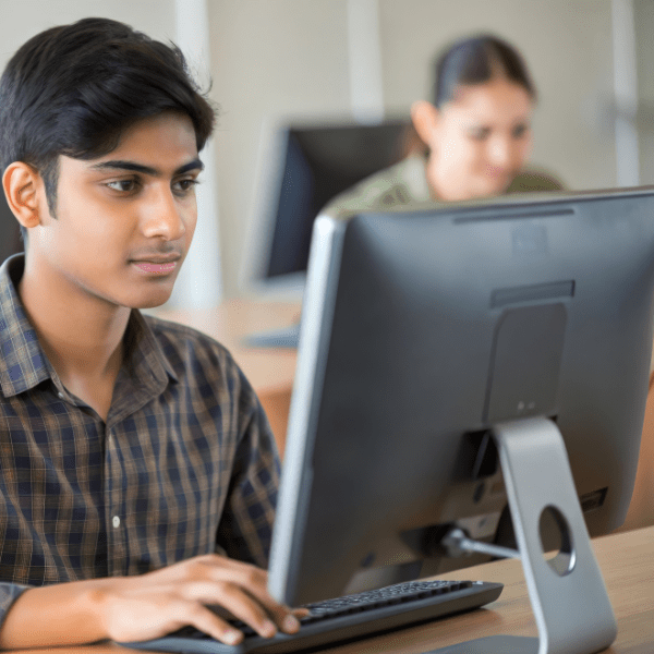 a university computer lab with students working