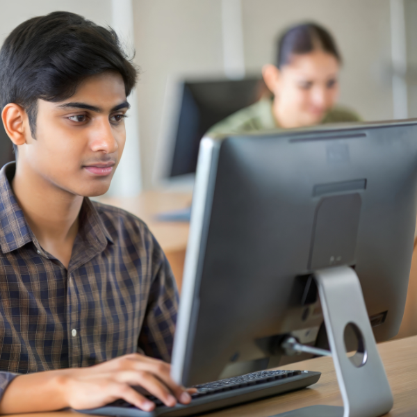 a university computer lab with students working