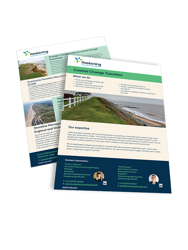 Flyer on coastal change transition strategies, policy development, and community resilience planning by Haskoning.