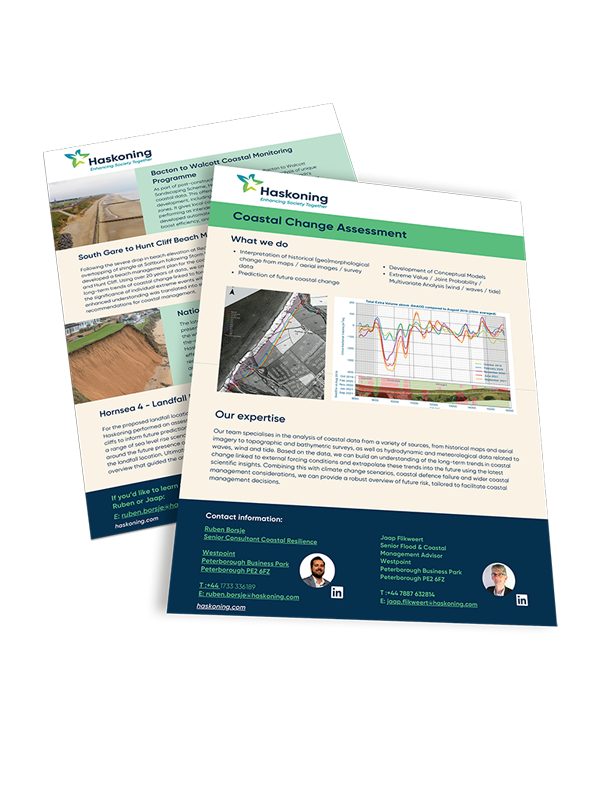 Flyer explaining coastal change assessment, historical data interpretation, and future risk prediction techniques.