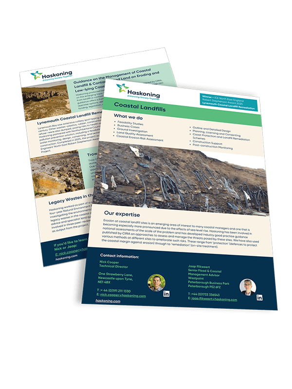 Flyer on managing coastal landfill erosion risks, remediation strategies, and protection measures.