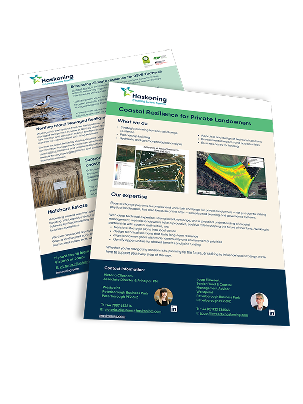 Flyer offering coastal resilience planning and technical solutions for private landowners facing erosion risks.