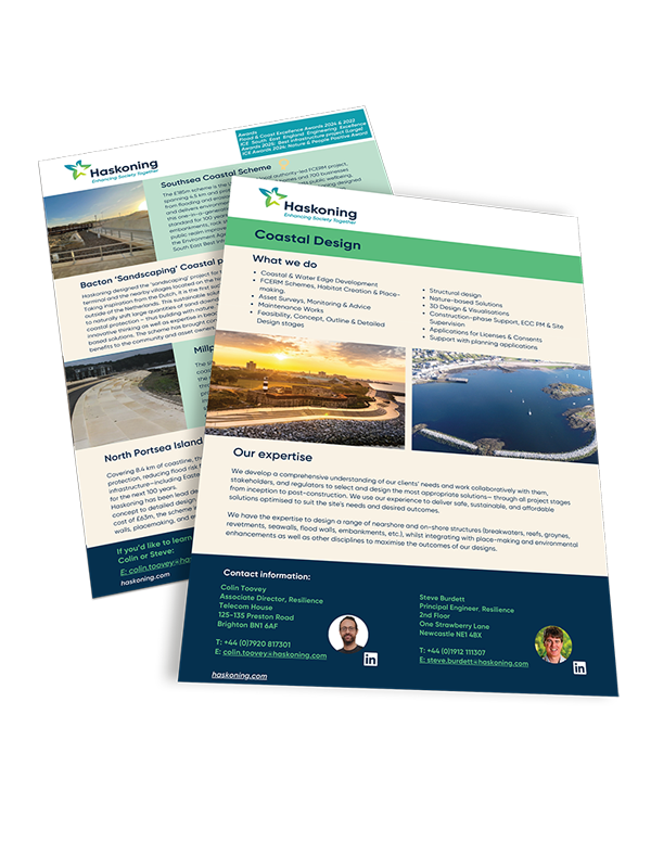 Flyer presenting coastal design services, including FCERM schemes, habitat creation, and sustainable infrastructure.
