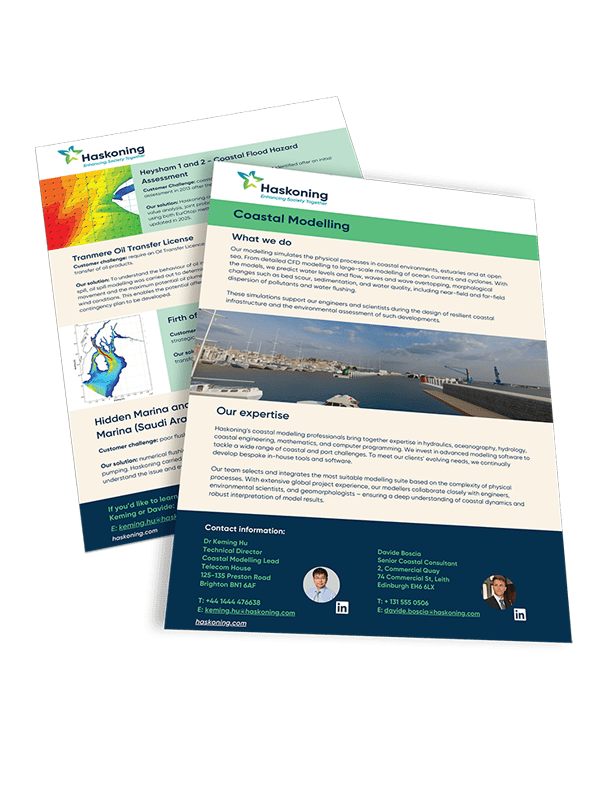 Flyer describing advanced coastal modelling for waves, tides, and environmental impact assessments.