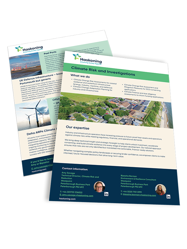 Flyer outlining climate risk assessments, adaptation planning, and resilience strategies for coastal infrastructure.