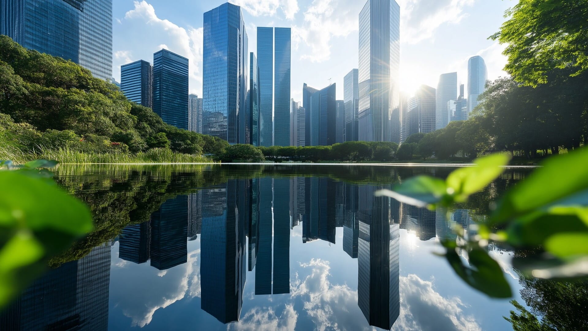 Green cityscape next to water