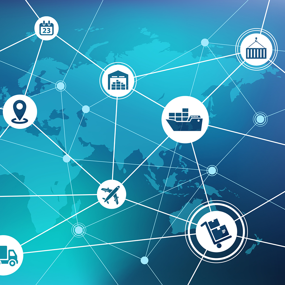 vector nodes of a network with connected icons in a supply chain
