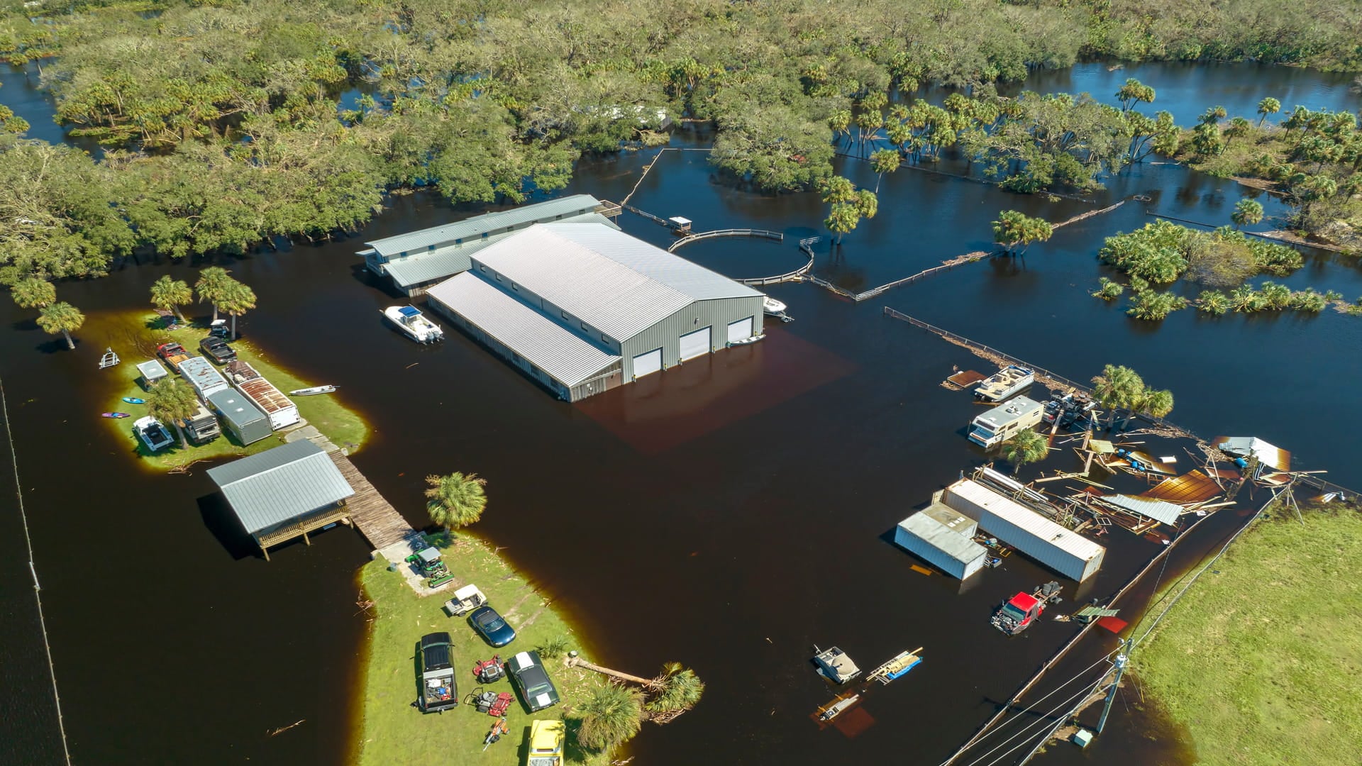 Aerial photo of flooded industrial facilities with buildings, vehicles, and equipment partially submerged, showing climate hazard exposure and asset vulnerability.