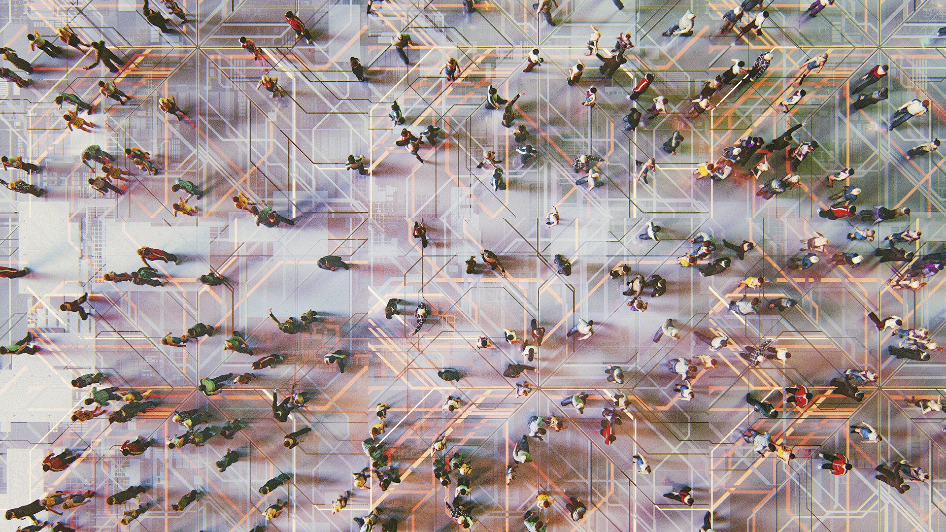 A blurred aerial view of many people walking about in an open urban space