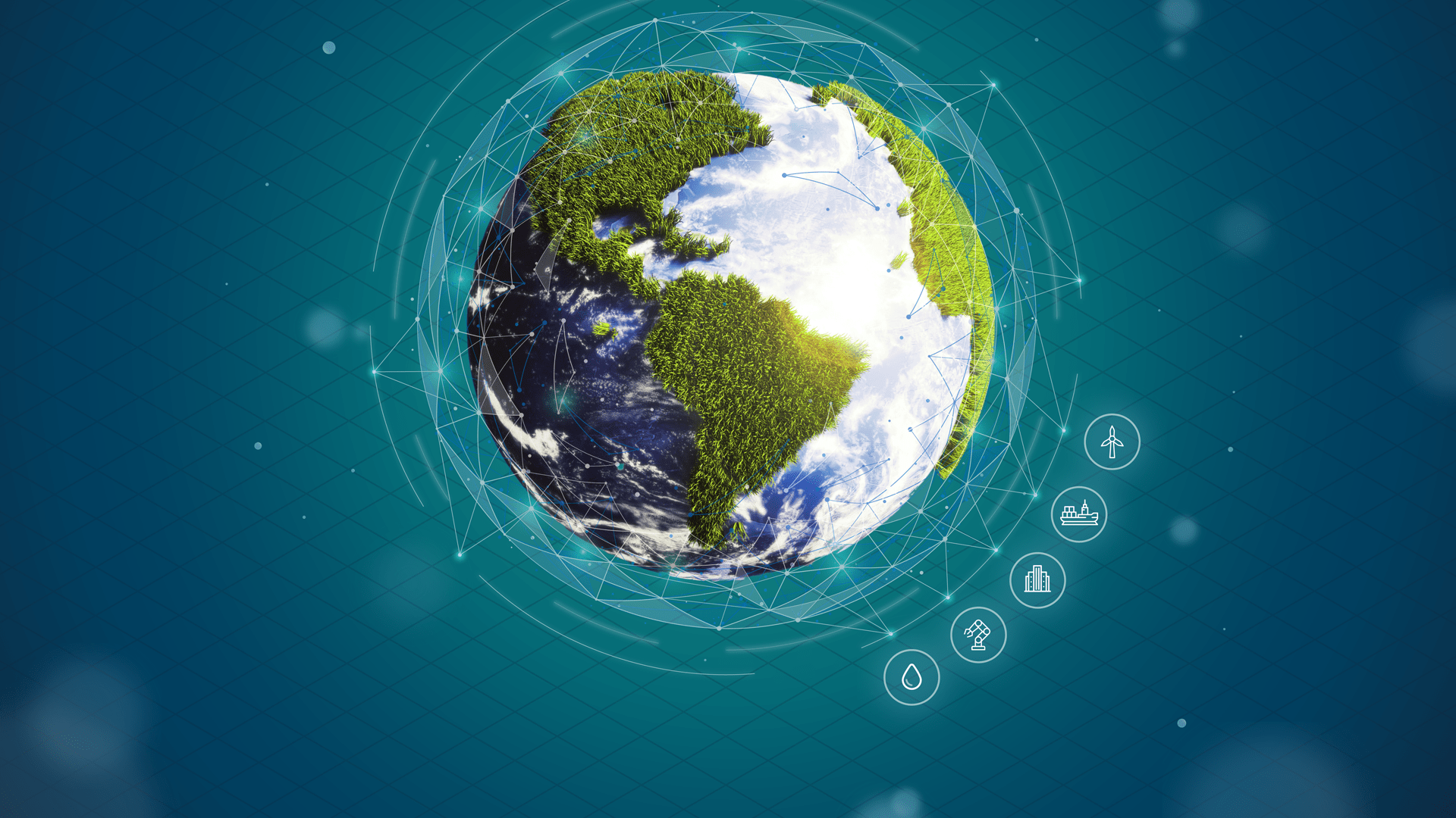 A globe with a digital layer surrounding its perimeter has five icons representing the markets Twinn works within, financial services, energy, industry, maritime and water technology.