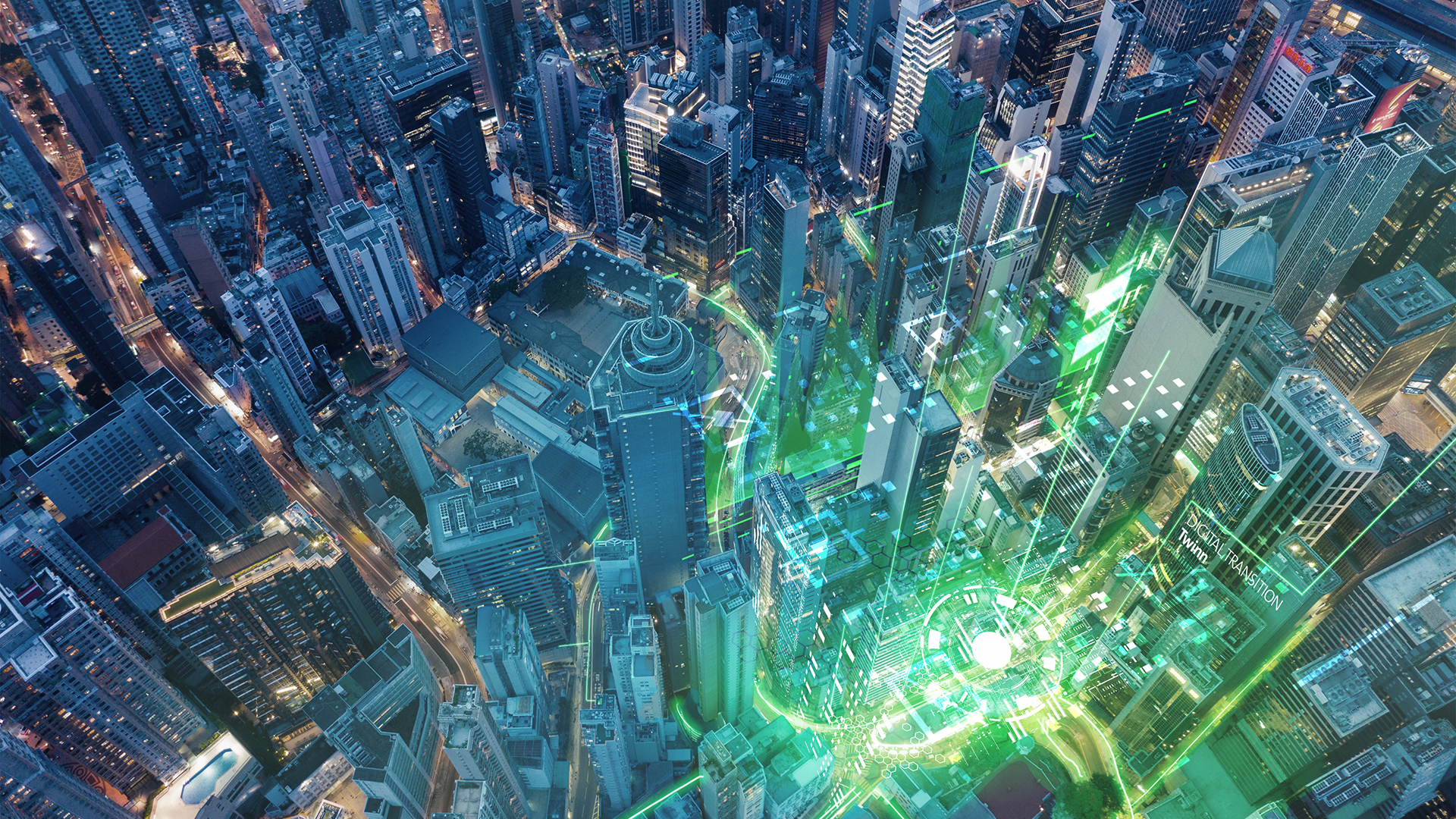 bird's eye view of a city with vibrant lines symbolizing digital transformation