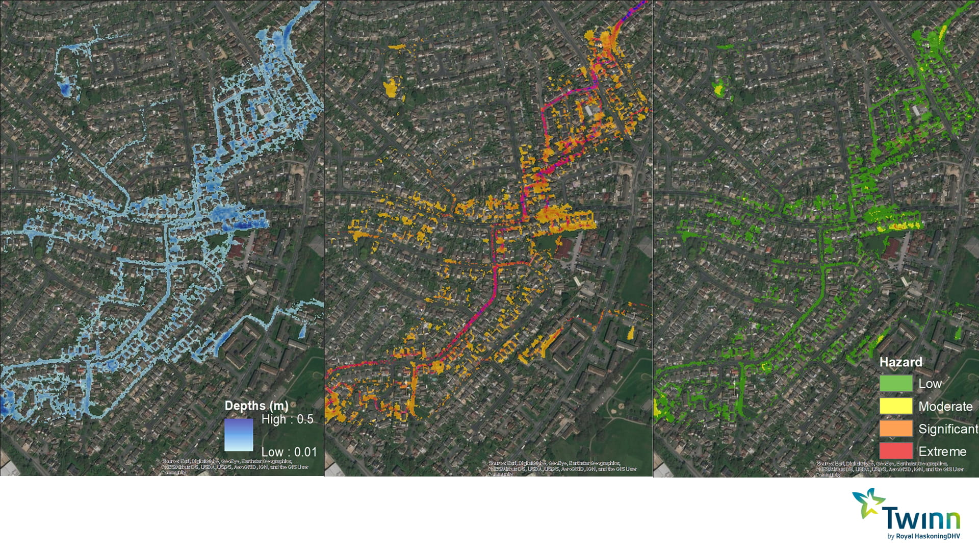 examples of flood hazard for a 50-year storm event, classifying the risk posed to people by specific flood conditions calculated from depth, velocity and debris information.