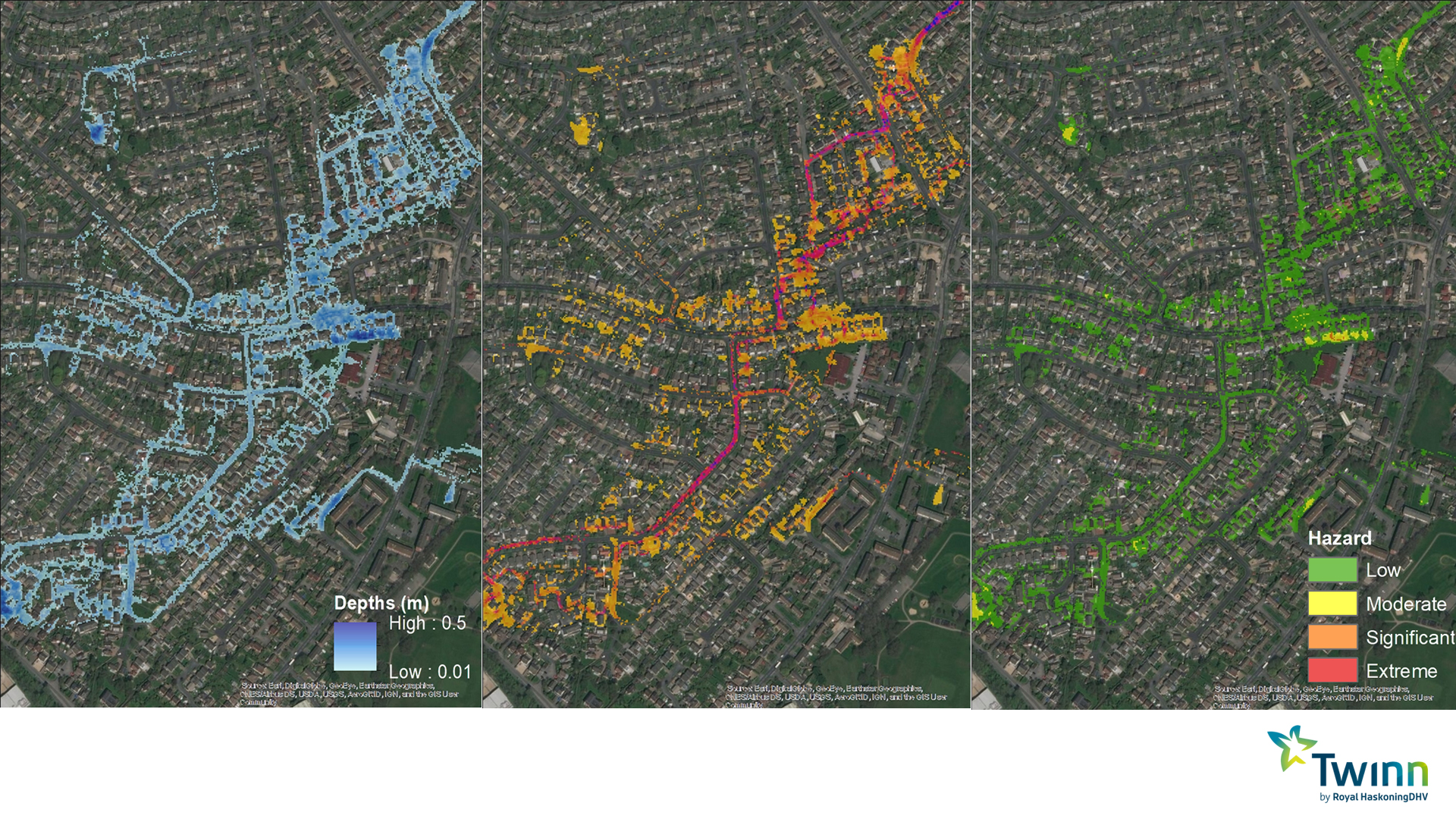 examples of flood hazard for a 50-year storm event, classifying the risk posed to people by specific flood conditions calculated from depth, velocity and debris information.