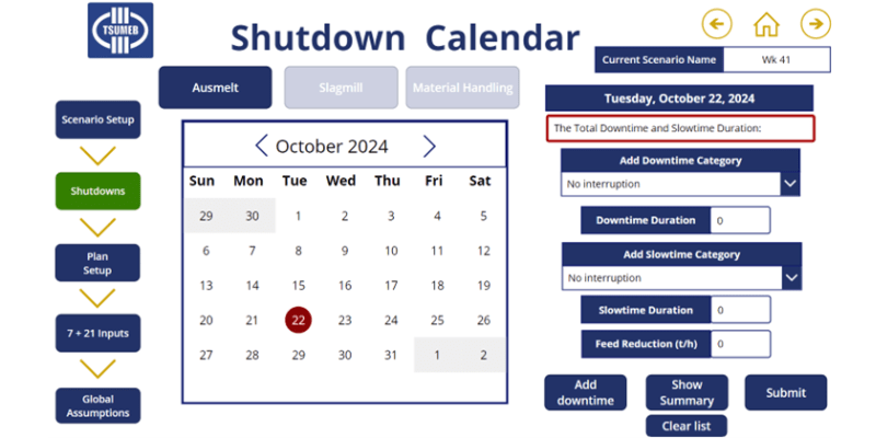 input screen of scenarios