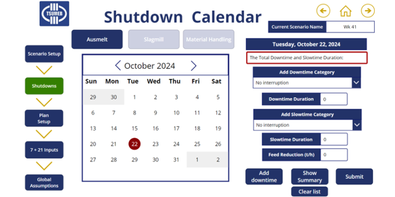 input screen of scenarios