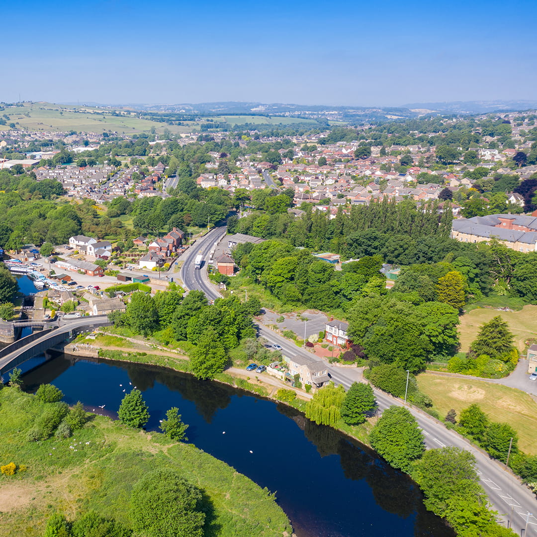 aerial view of a town by a river