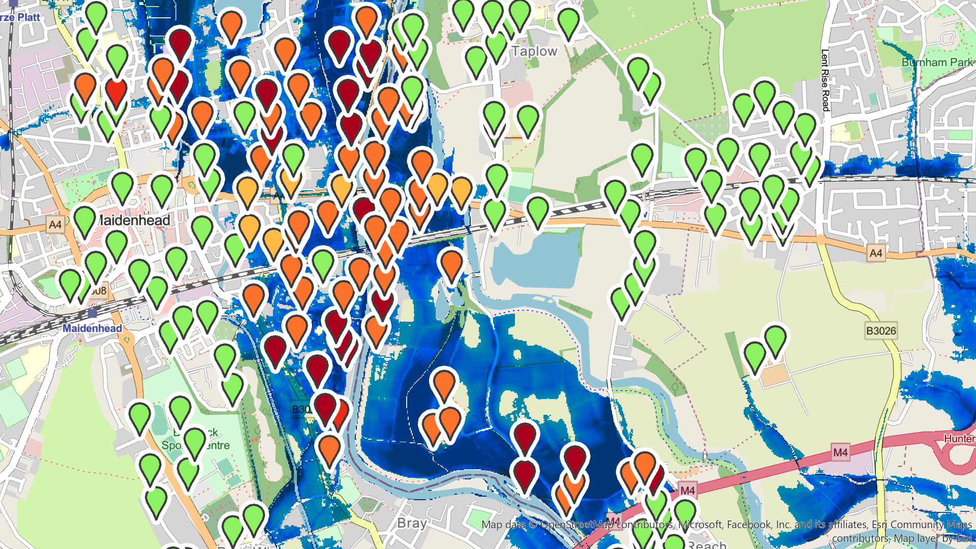 GIS specialists use flood mapping to assess risk to physical assets, as shown here with different coloured risk scores
