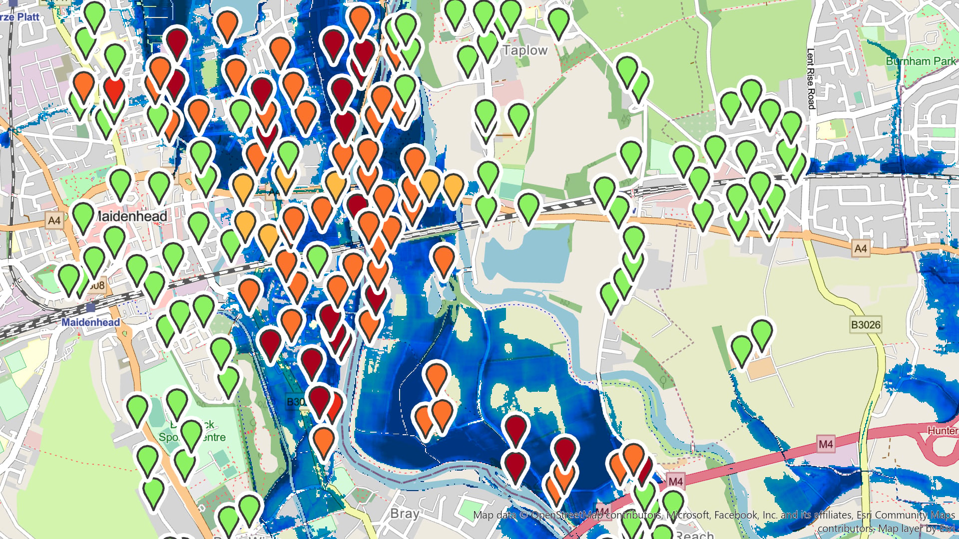 GIS specialists use flood mapping to assess risk to physical assets, as shown here with different coloured risk scores