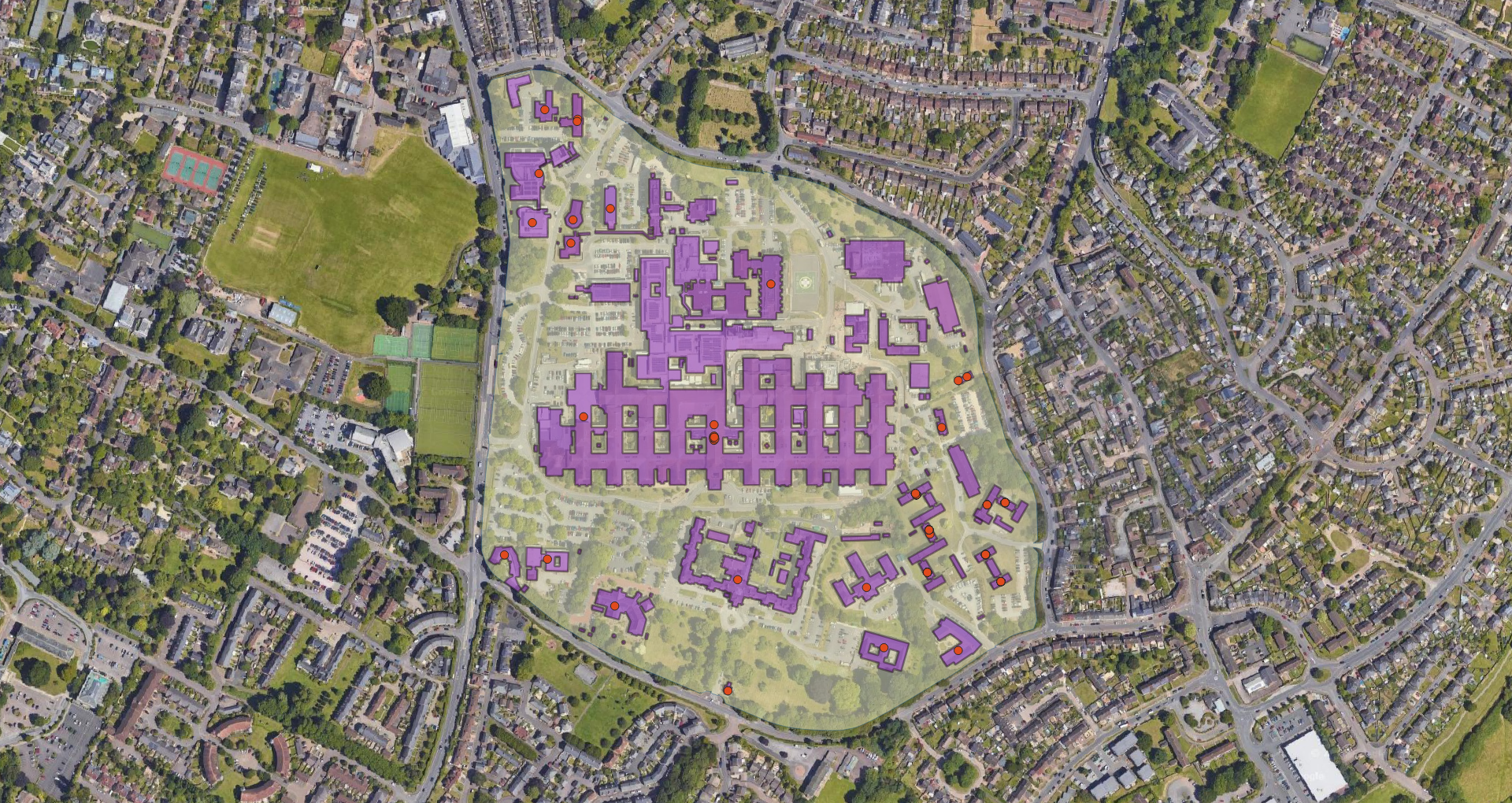 Image displaying a complex site with address points and building footprints which can all be linked to the overall site.