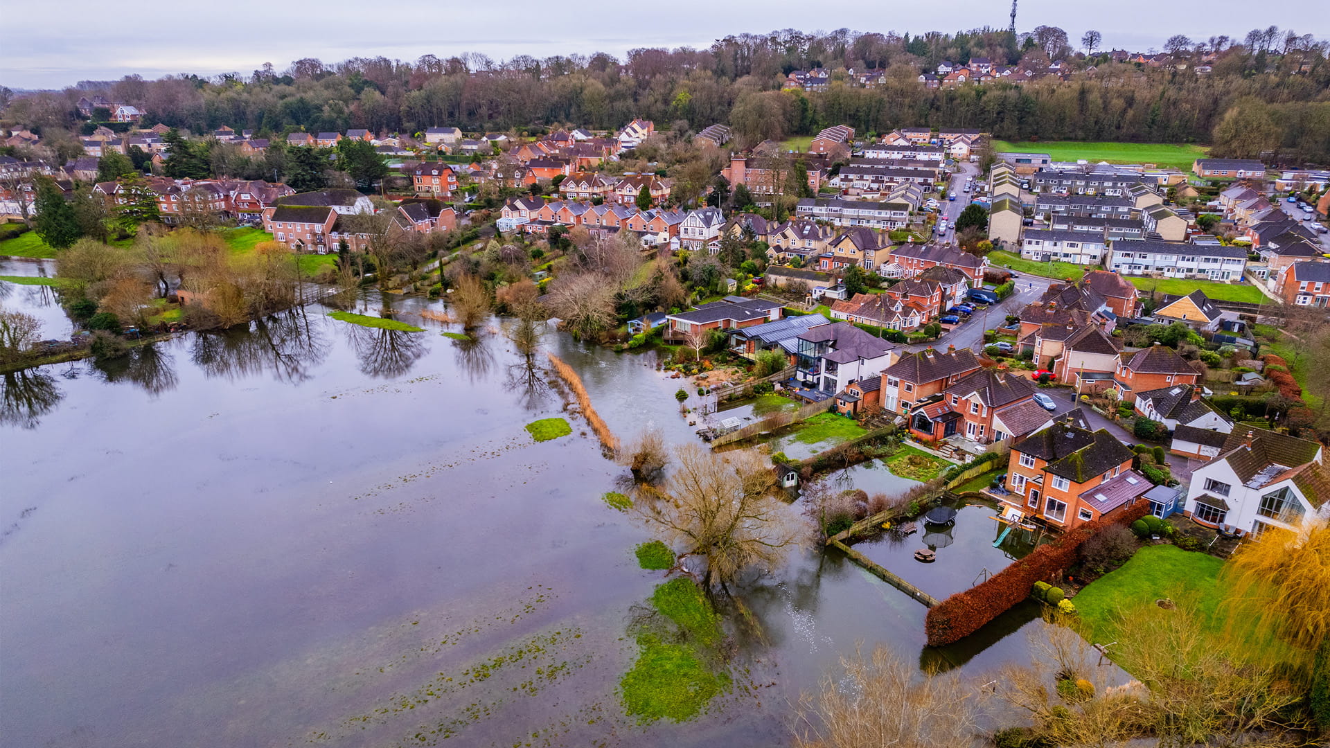 Flood water and houses in Salisbury after heavy rain and River Avon bursts it's banks
