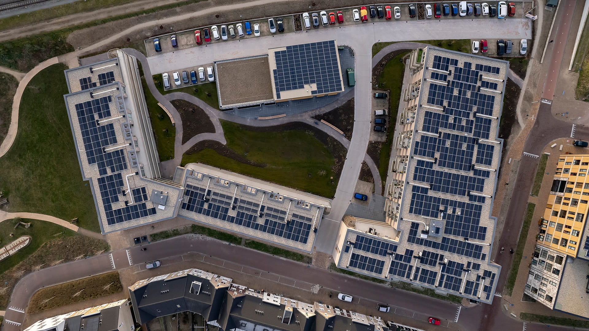 aerial view  of buildings with complex outline