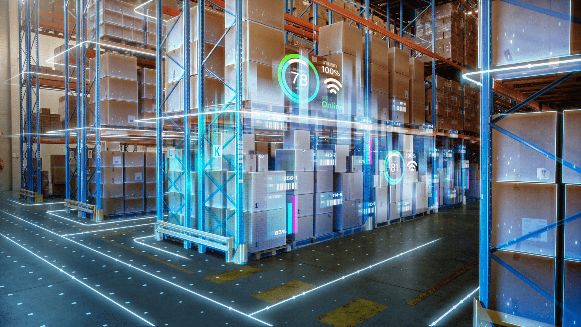 A warehouse with data analytics overlaid to monitor performance
