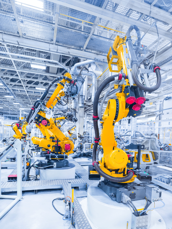 Robots on a manufacturing line. Discrete event simulation can be used to understand manufacturing processes, including machines, labour and other resources.