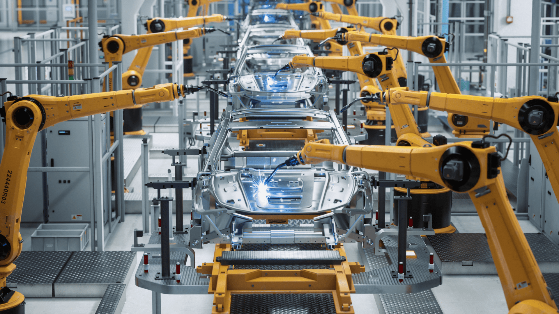 Robots assemble cars on a production line with support of factory simulation software