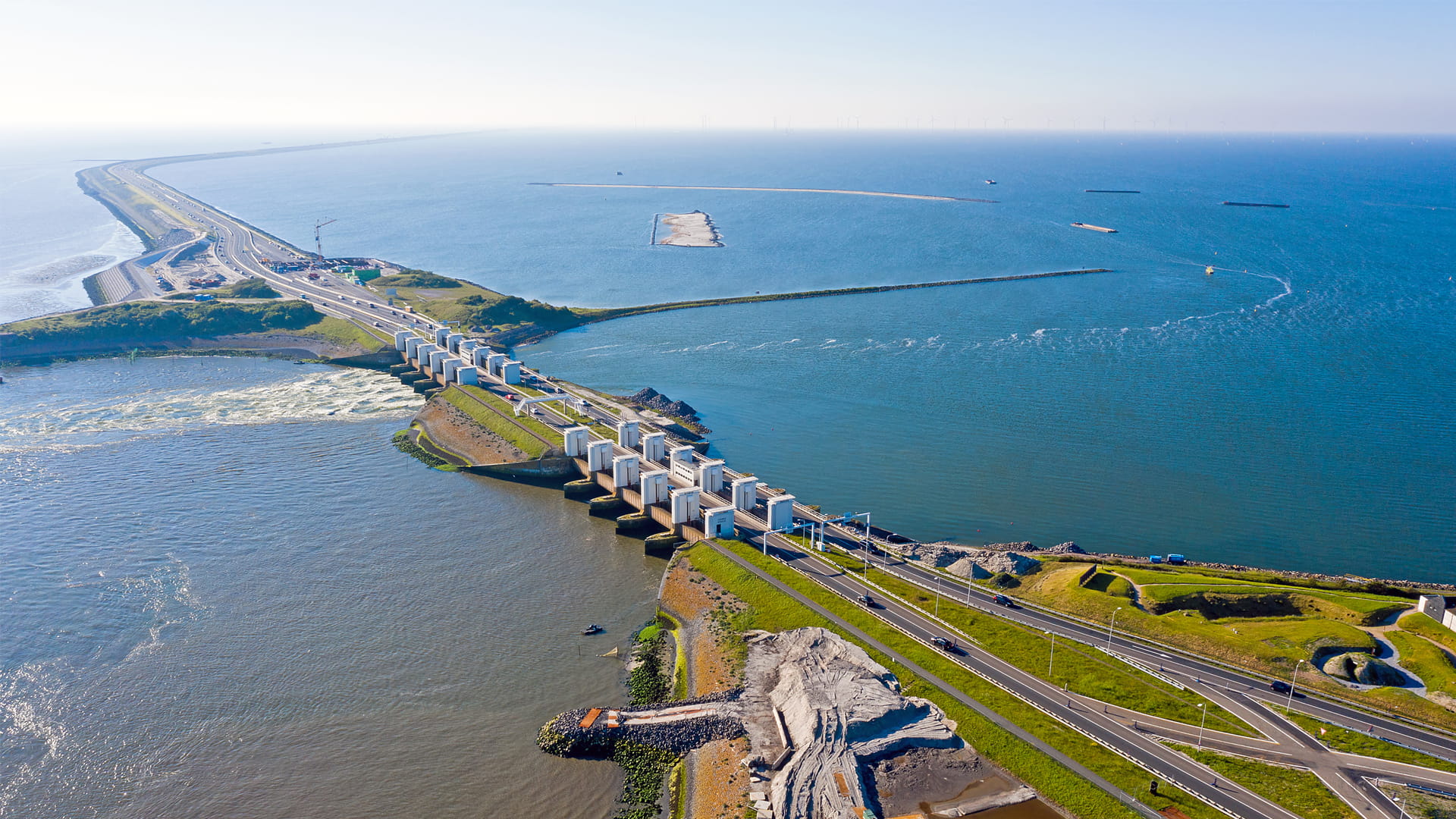 Aerial from sluices at Kronwerderzand at the Afsluitdijk in the Netherland