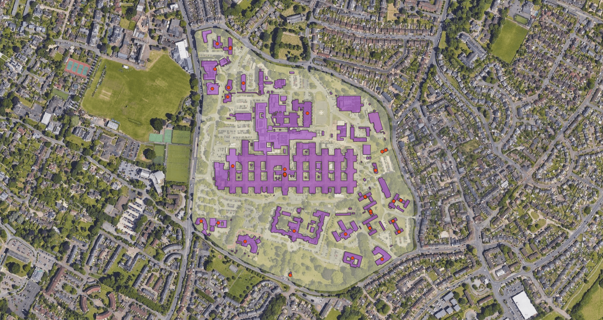 Image displaying a complex site with address points and building footprints which can all be linked to the overall site.
