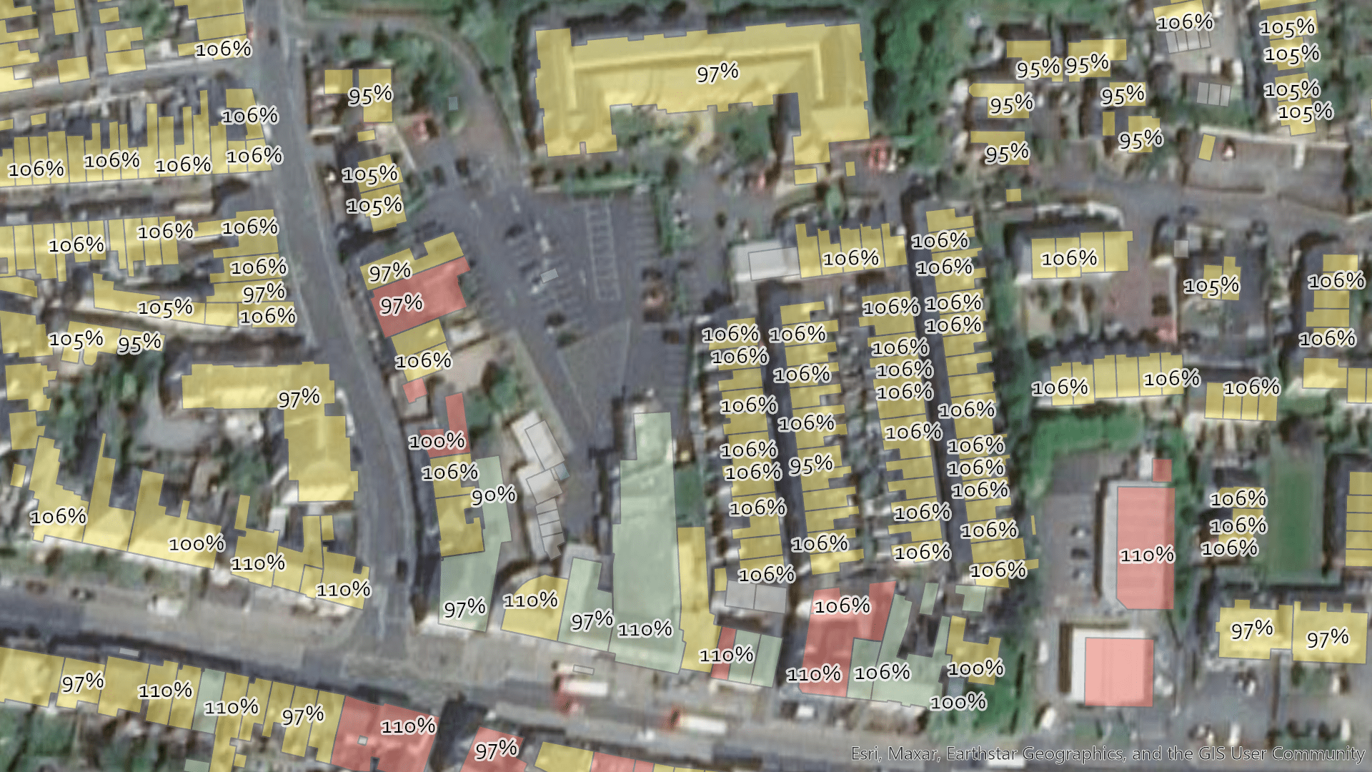 Aerisl view of properties with flood vulnerability risk scores overlaid