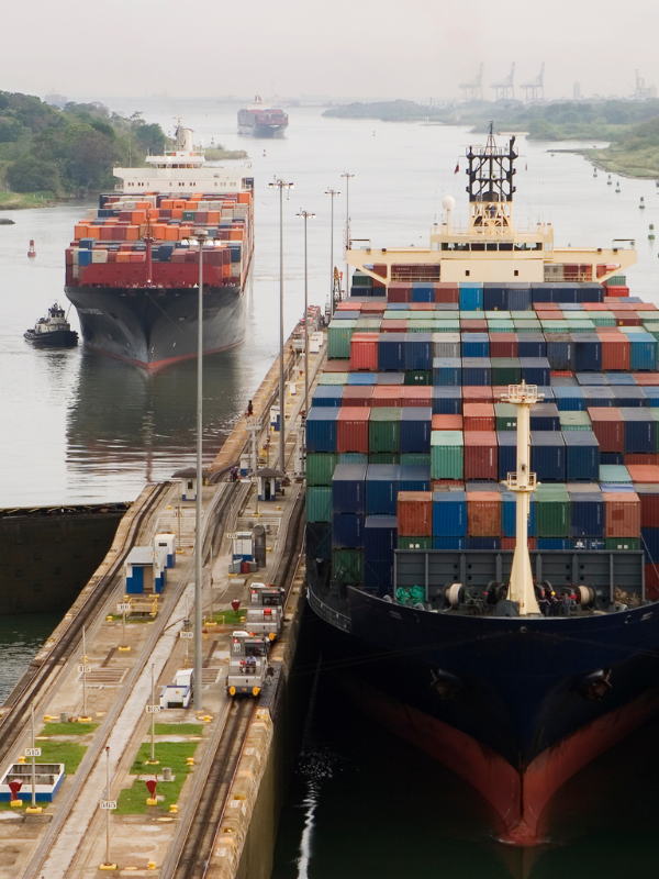 A cargo ship going through the Panama Canal