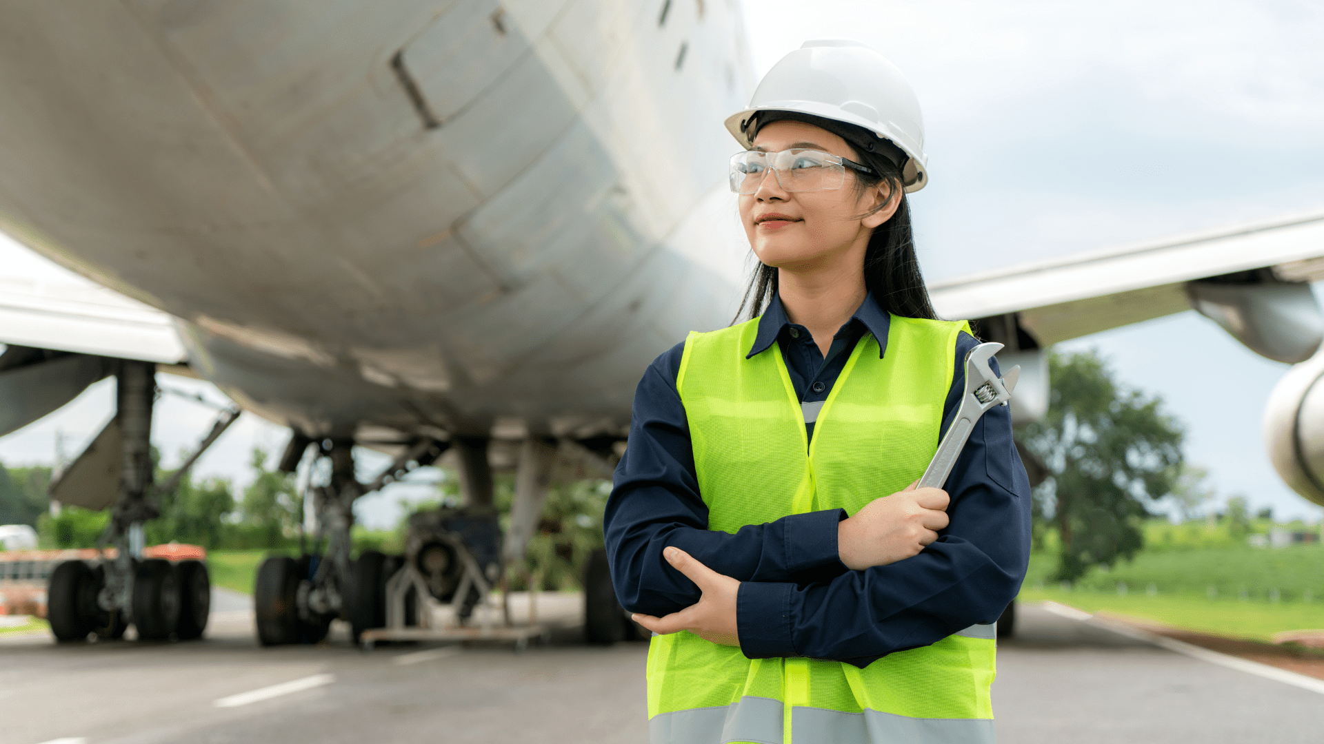 An operator stands in front of a large plane
