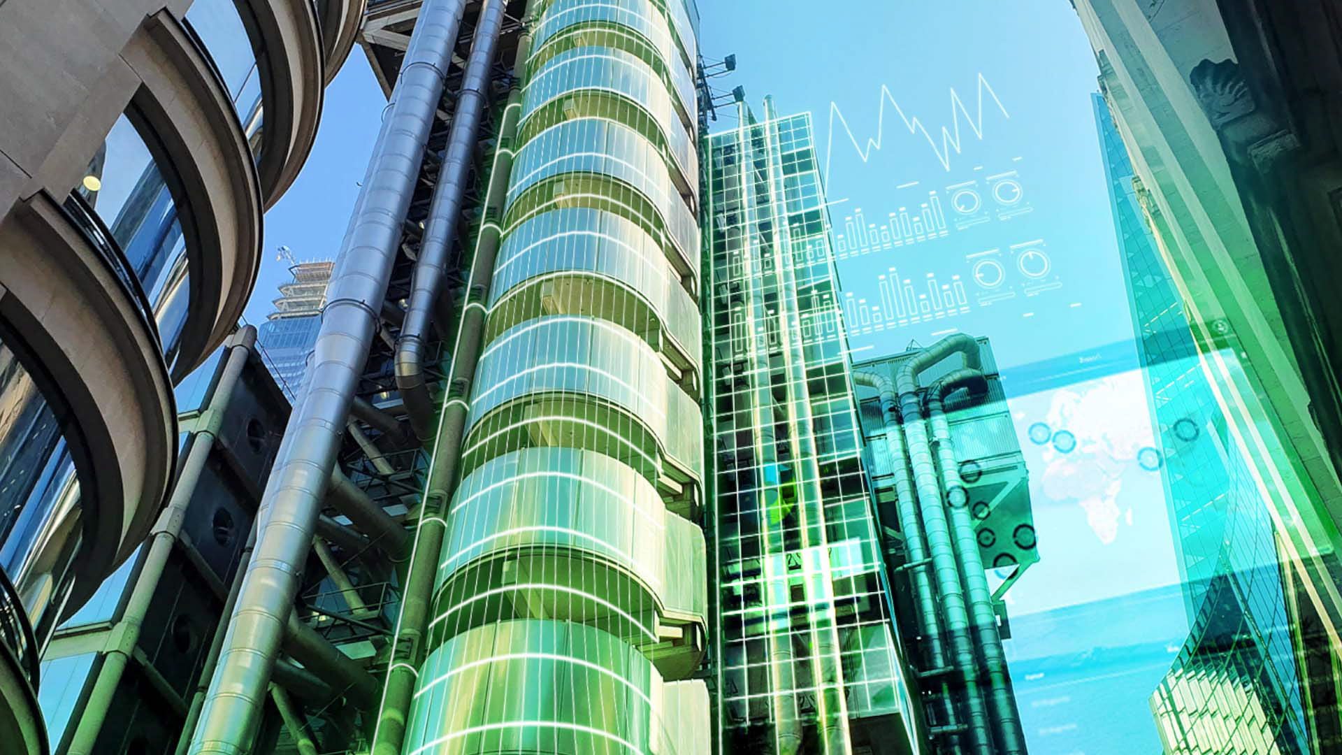 Lloyds of London building overlain with risk screening dashboard