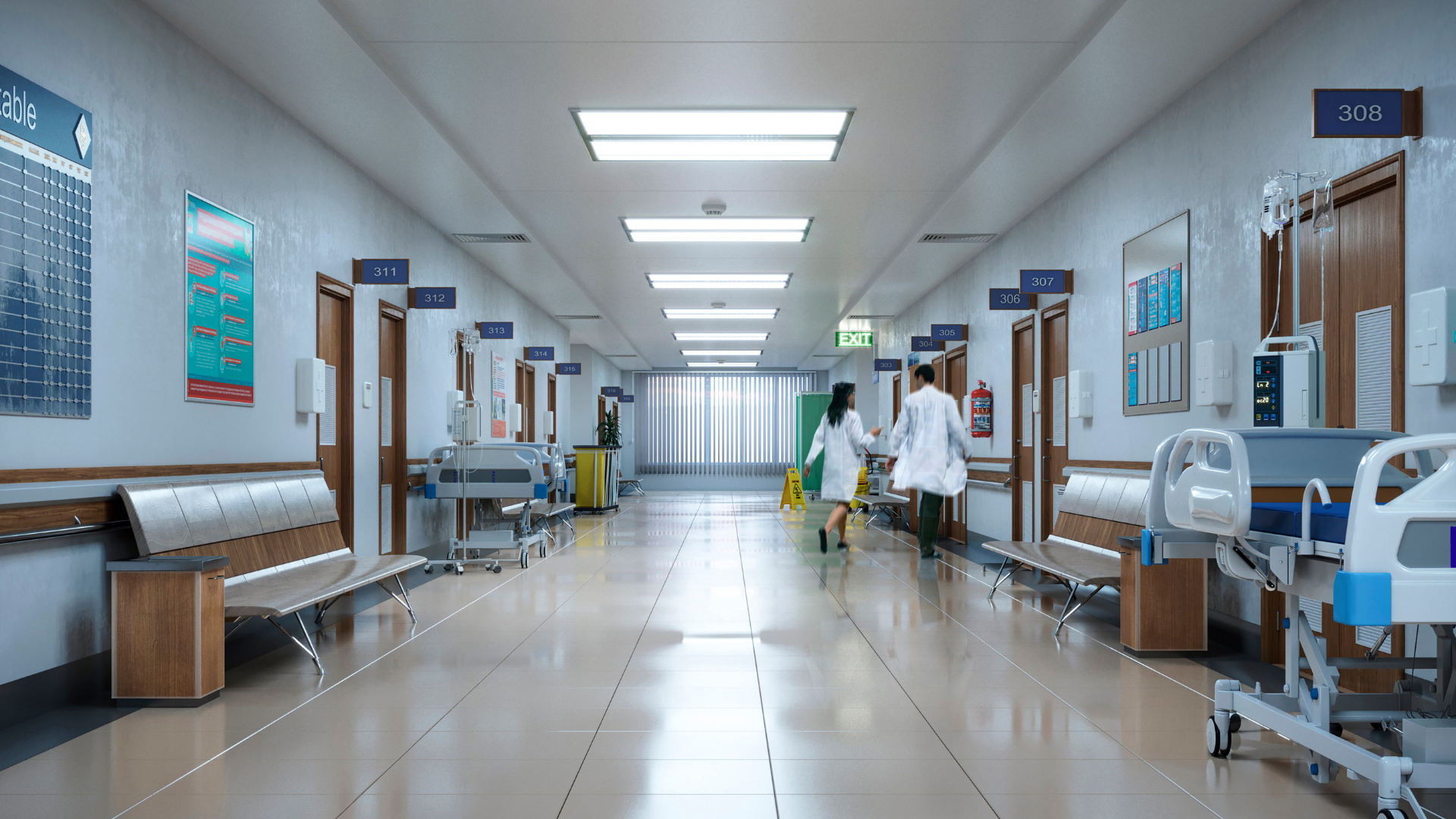 Hospital corridor view with doctors