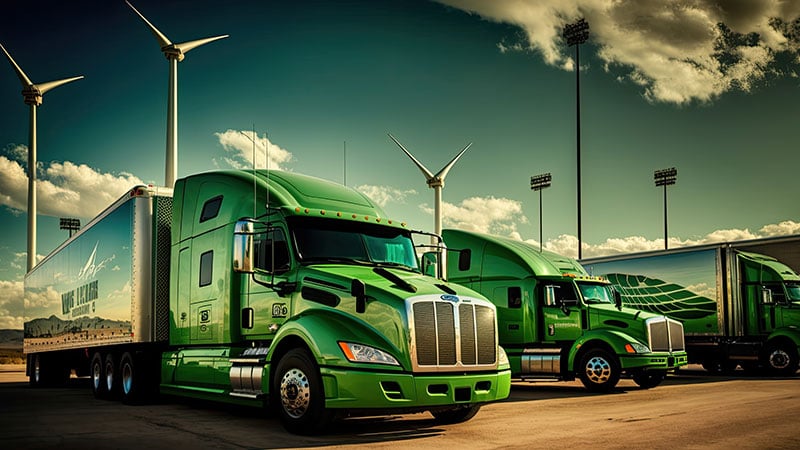 Trucks parked with wind turbines in the background