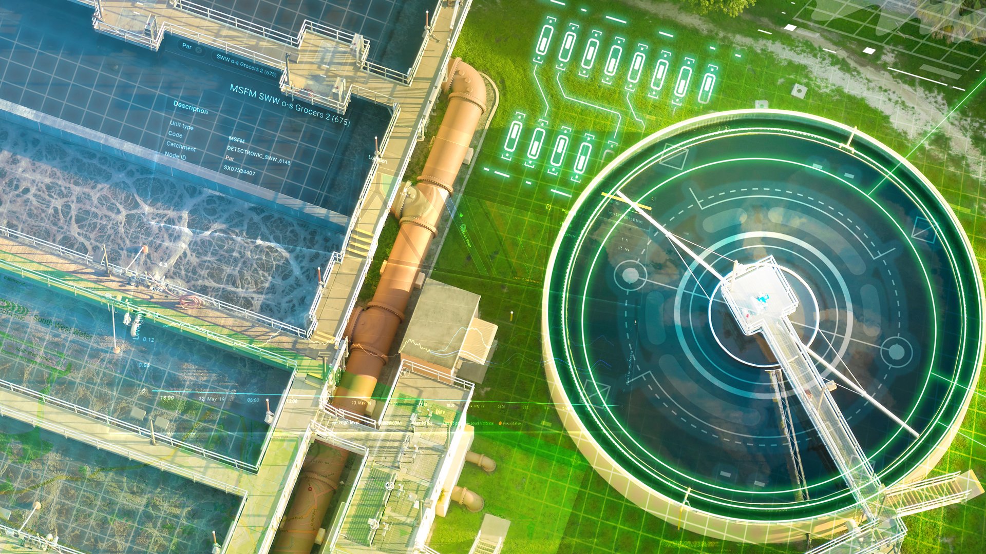 An aerial view of a water treatment plant with a digital overlay