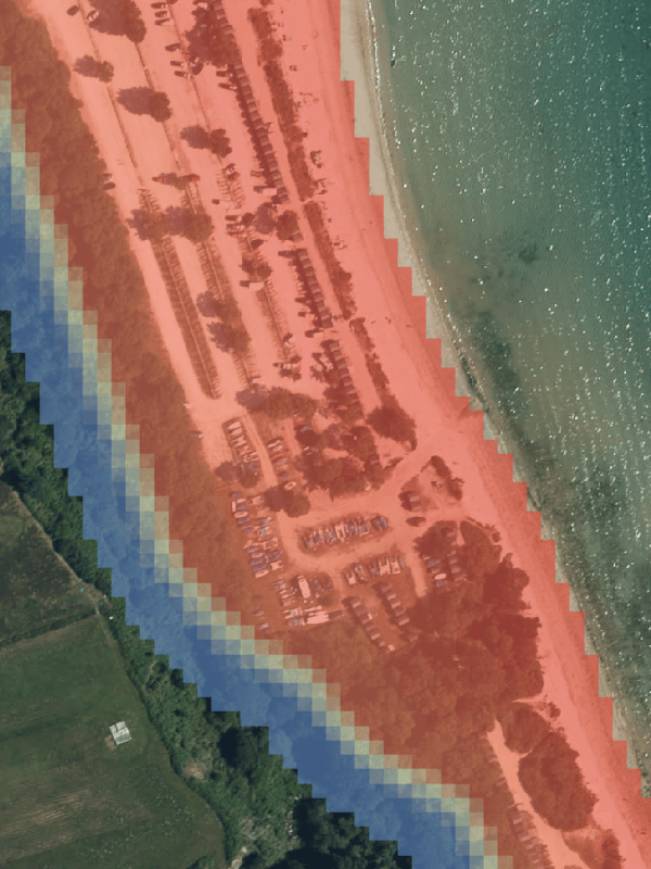 Coastal image with an overlay showing the erosion risk