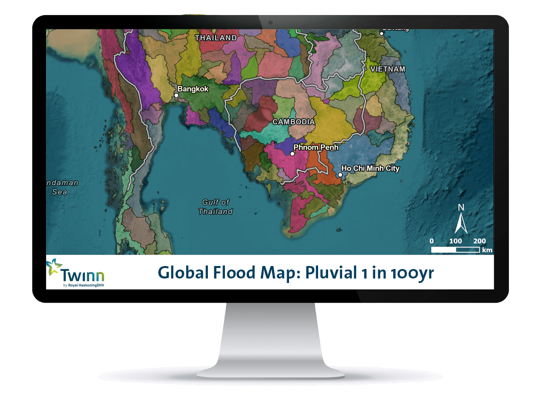 Global Flood Map: Pluvial 1 in 100yr displayed on a desktop monitor