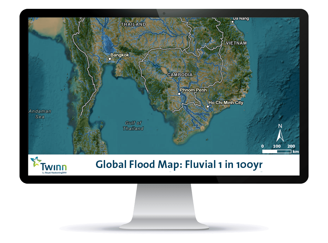 Global Flood Map: Fluvial 1 in 100yr displayed on a desktop monitor