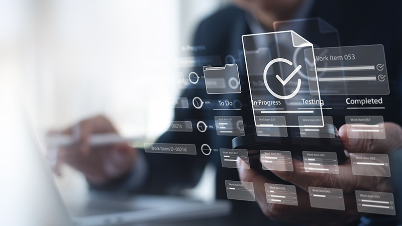 Business developer using BPM framework on laptop