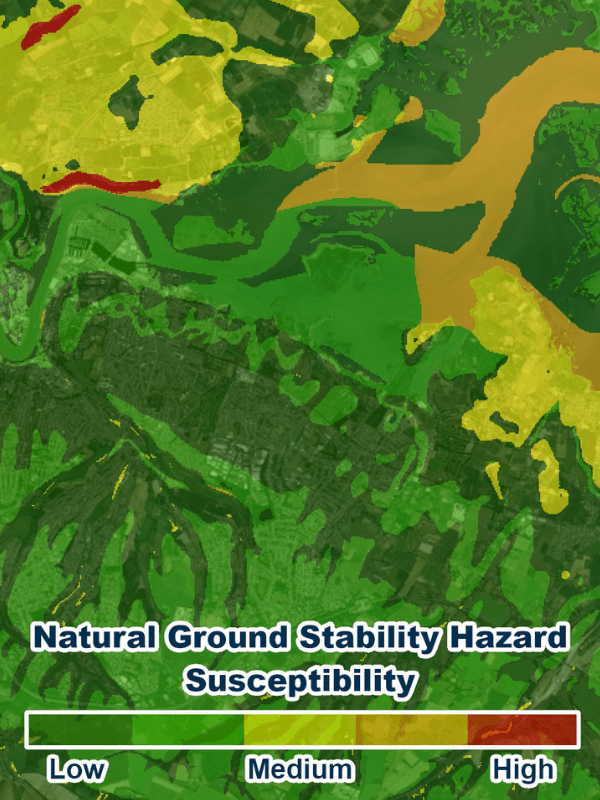 Thematic map of natural ground stability hazard susceptibility, showing areas classified from low to high risk using a colour scale from green (low) to red (high).