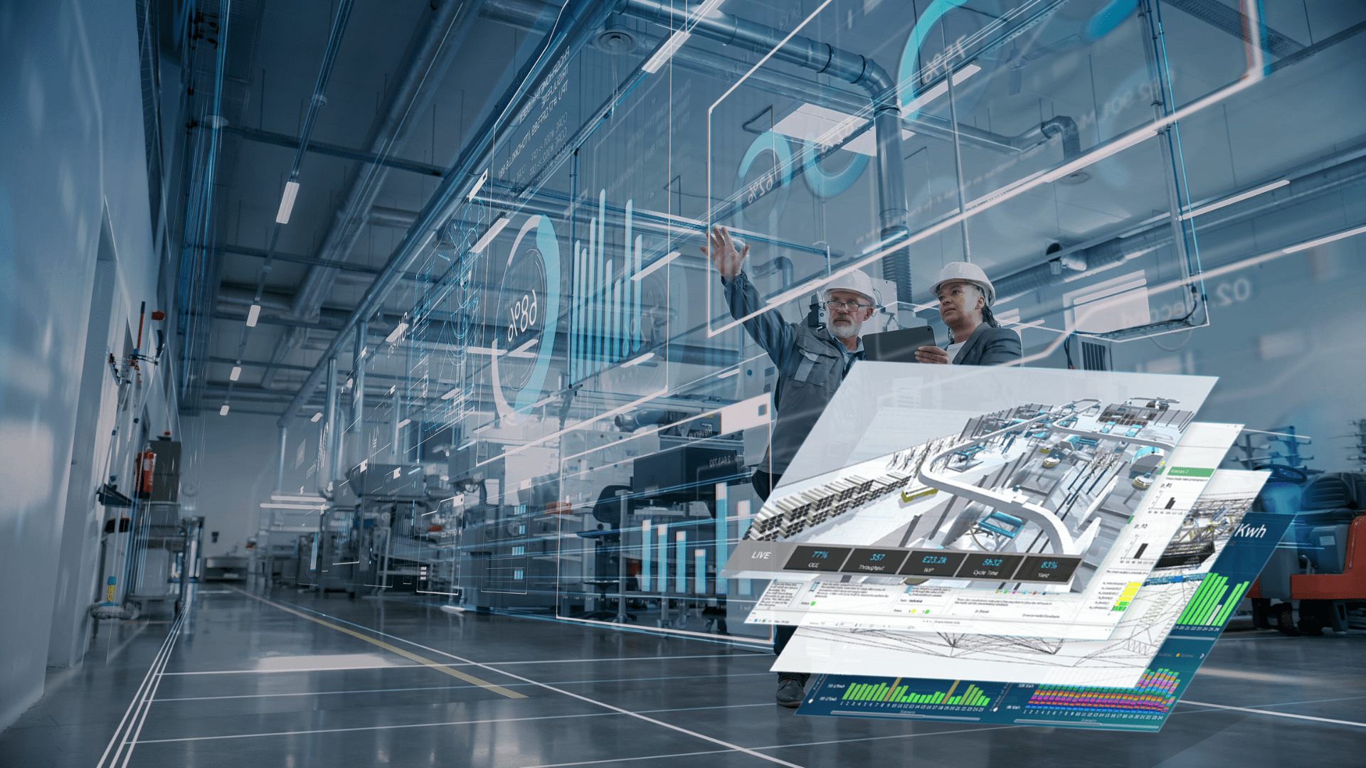 An image from a factory with engineers reviewing dashboards