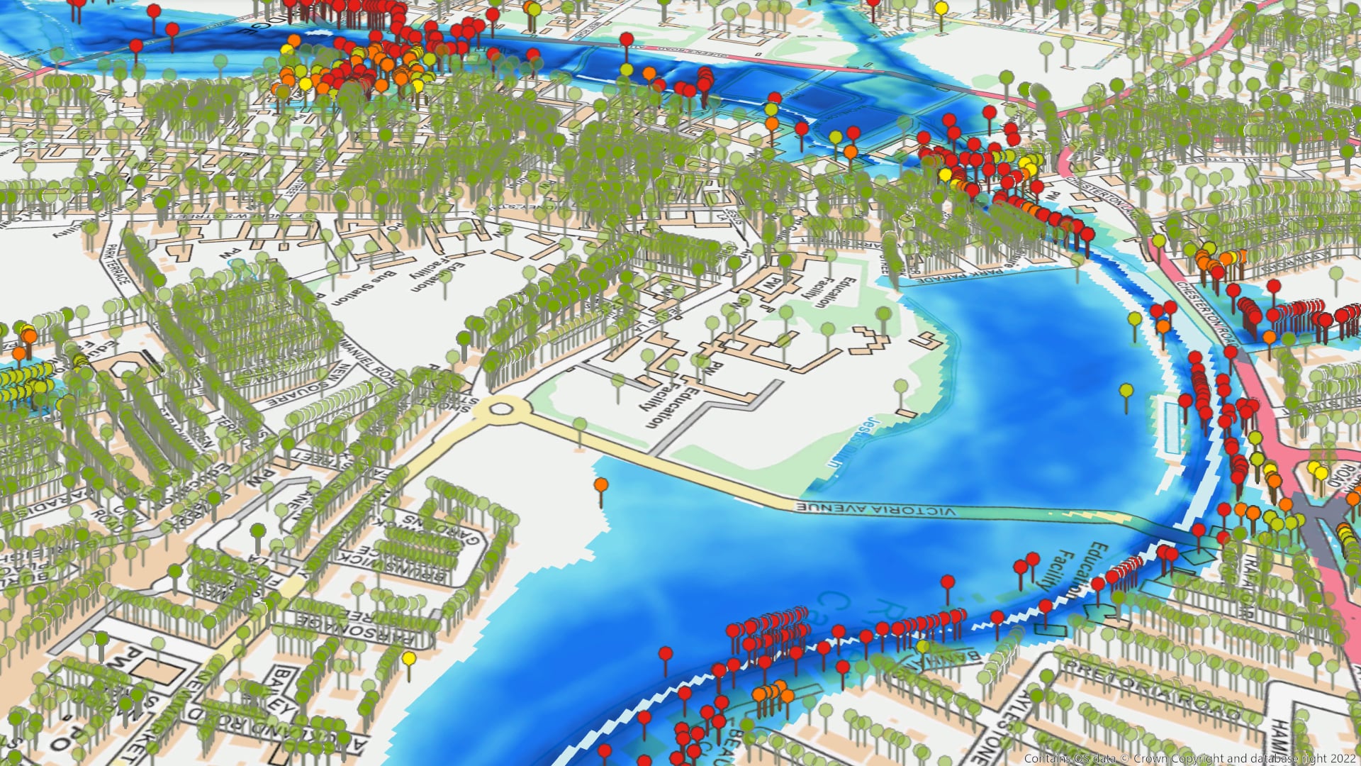 A risk scoring map showing flood risk alongside a river